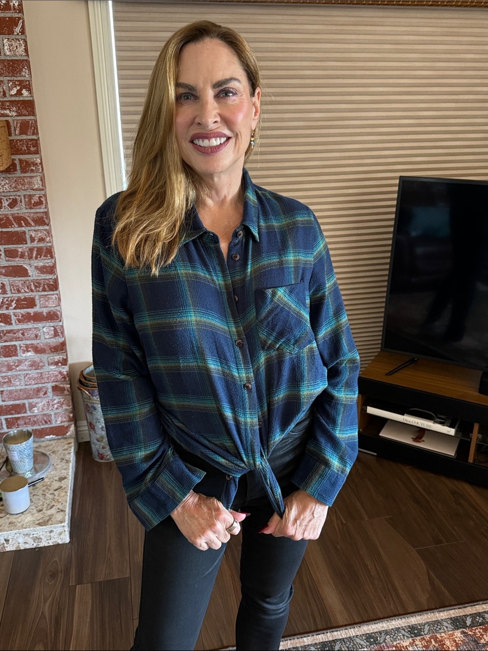 free press Blue and Green Plaid Button-Down Shirt